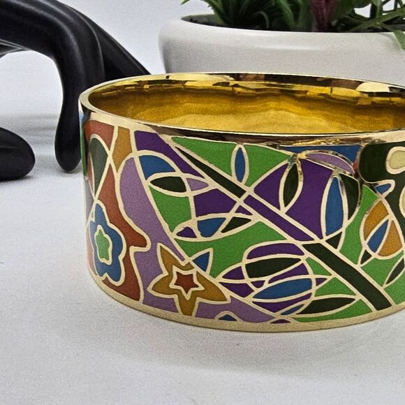 Beautiful GOLD-TONE Enamel Bangle Cuff Bracelet Vibrant Colors. - Picture 3 of 7